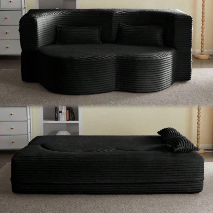 Modern Floor Sofa with 2 Pillows, Convertible Teddy Fabric Foam - Filled Sleeper Sofa Bed, 15 Full Size Folding Mattress Living Room, Guest Bed, Playroom, no assembly required, PinkOld Sku: W1885P230384
