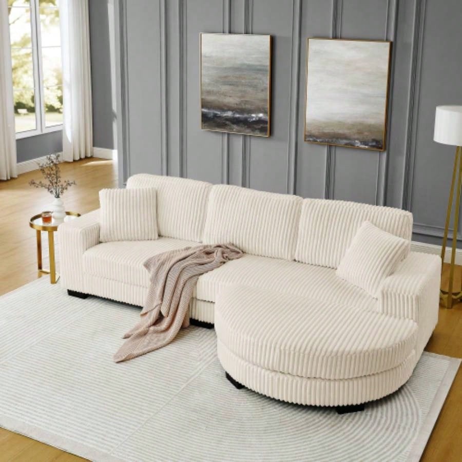 Corduroy Tufted Upholstered Sleeper Sectional Sofa, L - Shaped Modular Convertible Sofa, - shaped footstool can be placed freely on left and right - Beige