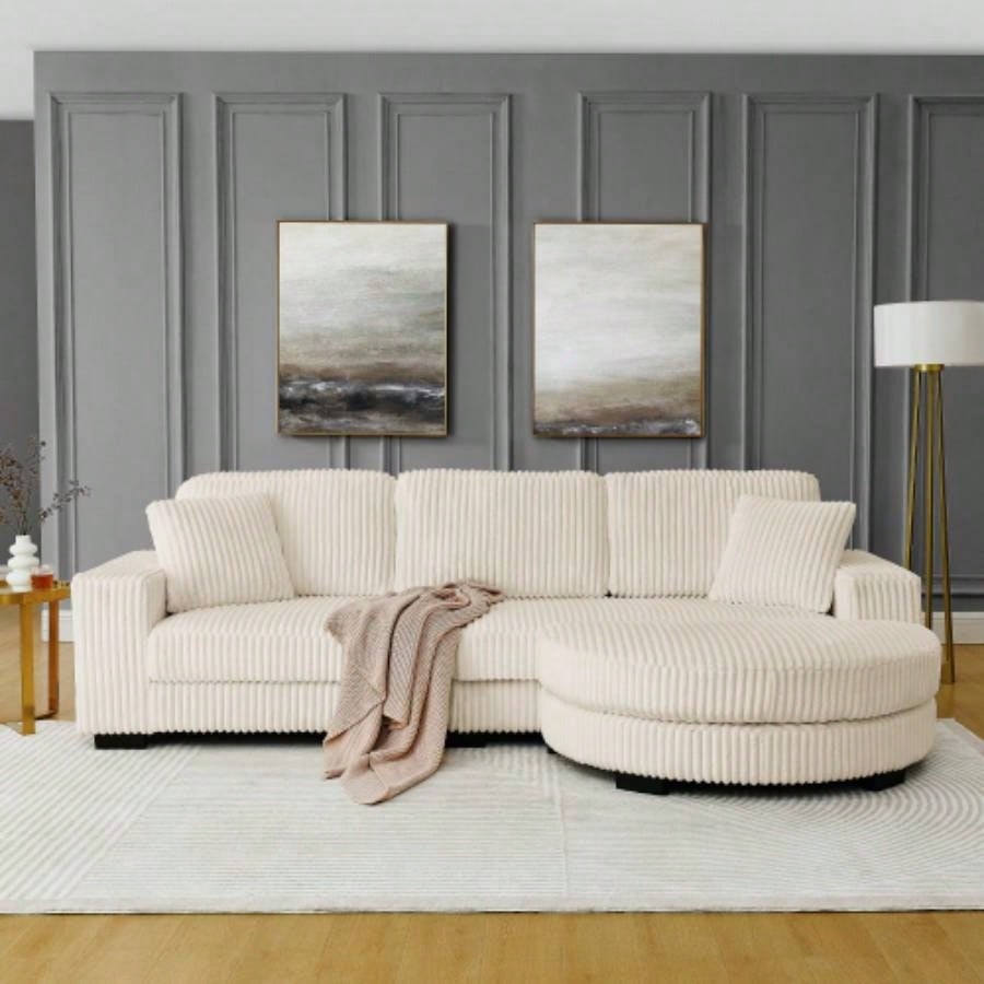 Corduroy Tufted Upholstered Sleeper Sectional Sofa, L - Shaped Modular Convertible Sofa, - shaped footstool can be placed freely on left and right - Beige