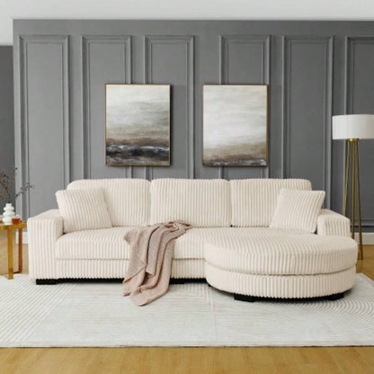 Corduroy Tufted Upholstered Sleeper Sectional Sofa, L - Shaped Modular Convertible Sofa, - shaped footstool can be placed freely on left and right - Beige