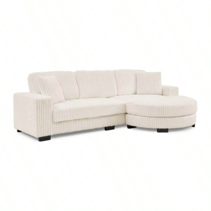 Corduroy Tufted Upholstered Sleeper Sectional Sofa, L - Shaped Modular Convertible Sofa, - shaped footstool can be placed freely on left and right - Beige