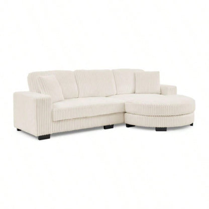 Corduroy Tufted Upholstered Sleeper Sectional Sofa, L - Shaped Modular Convertible Sofa, - shaped footstool can be placed freely on left and right - Beige