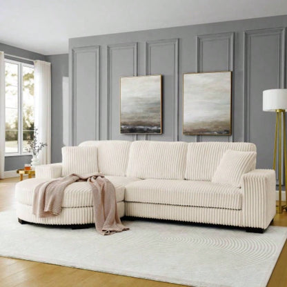 Corduroy Tufted Upholstered Sleeper Sectional Sofa, L - Shaped Modular Convertible Sofa, - shaped footstool can be placed freely on left and right - Beige
