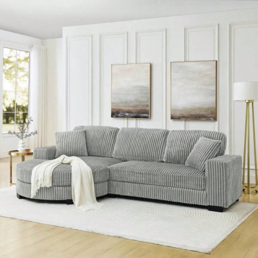 Corduroy Tufted Upholstered Sleeper Sectional Sofa, L - Shaped Modular Convertible Sofa, - shaped footstool can be placed freely on left and right - Beige