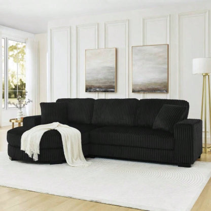 Corduroy Tufted Upholstered Sleeper Sectional Sofa, L - Shaped Modular Convertible Sofa, - shaped footstool can be placed freely on left and right - Beige