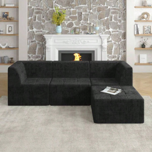 L shape Modular Sectional Sofa, Compressed Sectional Sofa Modern Minimalist Style Corduroy Couch, Sleeper Sofa Living Room, Bedroom, Comfy Compressed Sofa Couch Space - Efficient Design - black
