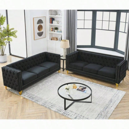 Contact us 3D modeling Velvet Sofa Living Room, Buttons Tufted Square Arm Couch, Modern Couch Upholstered Button and Metal, Sofa Couch Bedroom, Black Velvet, 2PCS