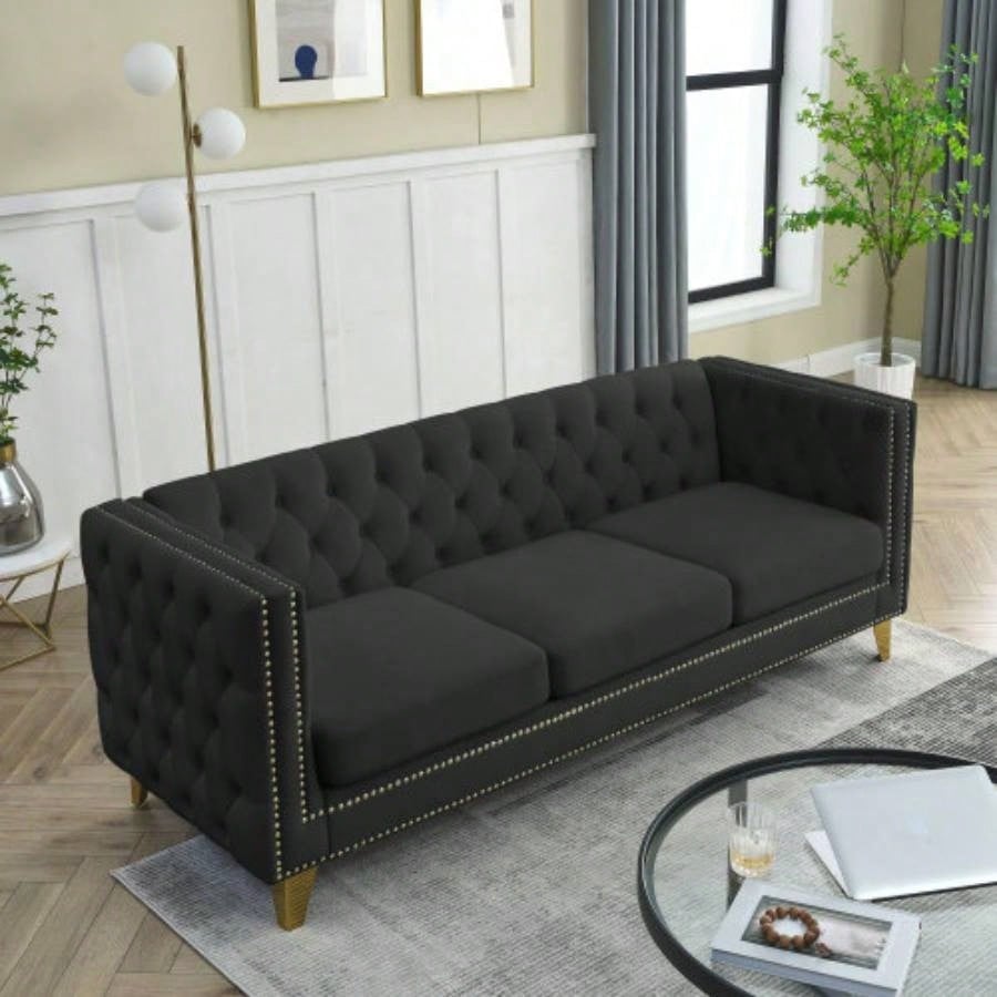 Contact us 3D modeling Velvet Sofa Living Room, Buttons Tufted Square Arm Couch, Modern Couch Upholstered Button and Metal, Sofa Couch Bedroom, Black Velvet, 2PCS
