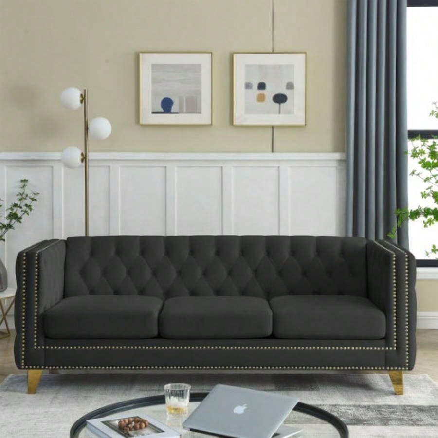 Contact us 3D modeling Velvet Sofa Living Room, Buttons Tufted Square Arm Couch, Modern Couch Upholstered Button and Metal, Sofa Couch Bedroom, Black Velvet, 2PCS