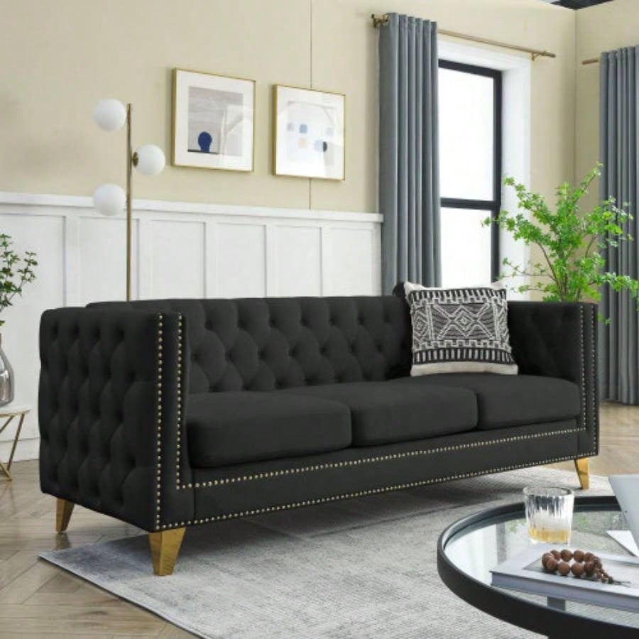 Contact us 3D modeling Velvet Sofa Living Room, Buttons Tufted Square Arm Couch, Modern Couch Upholstered Button and Metal, Sofa Couch Bedroom, Black Velvet, 2PCS