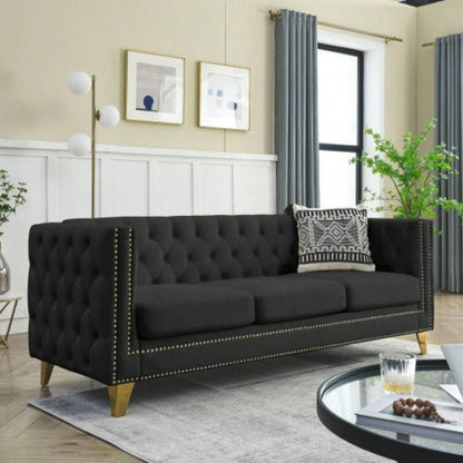 Contact us 3D modeling Velvet Sofa Living Room, Buttons Tufted Square Arm Couch, Modern Couch Upholstered Button and Metal, Sofa Couch Bedroom, Black Velvet, 2PCS