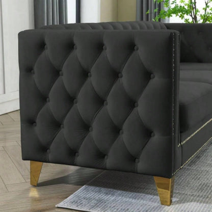 Contact us 3D modeling Velvet Sofa Living Room, Buttons Tufted Square Arm Couch, Modern Couch Upholstered Button and Metal, Sofa Couch Bedroom, Black Velvet, 2PCS