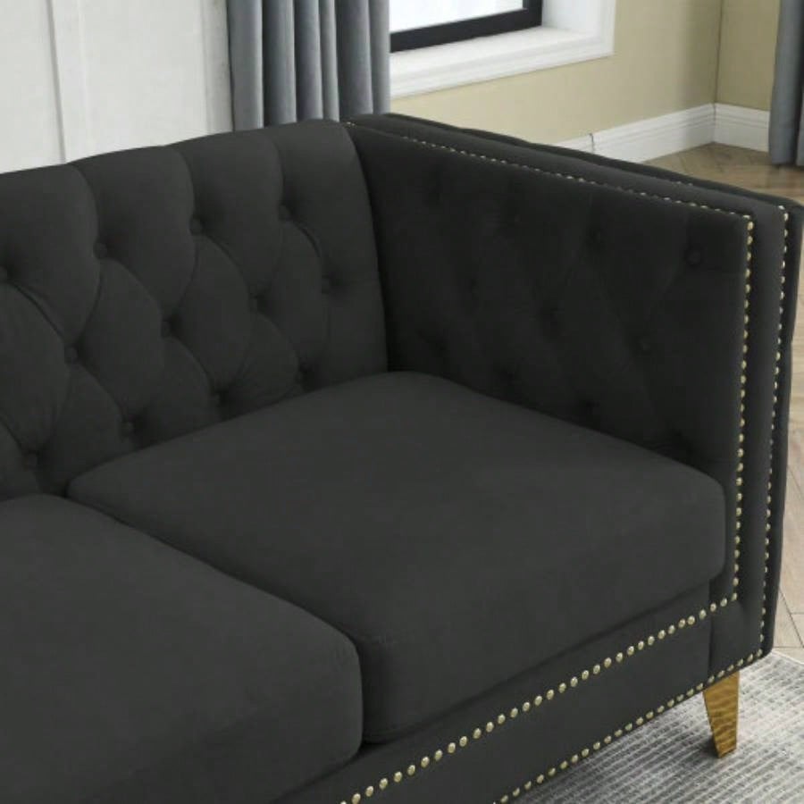 Contact us 3D modeling Velvet Sofa Living Room, Buttons Tufted Square Arm Couch, Modern Couch Upholstered Button and Metal, Sofa Couch Bedroom, Black Velvet, 2PCS