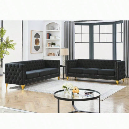 Contact us 3D modeling Velvet Sofa Living Room, Buttons Tufted Square Arm Couch, Modern Couch Upholstered Button and Metal, Sofa Couch Bedroom, Black Velvet, 2PCS