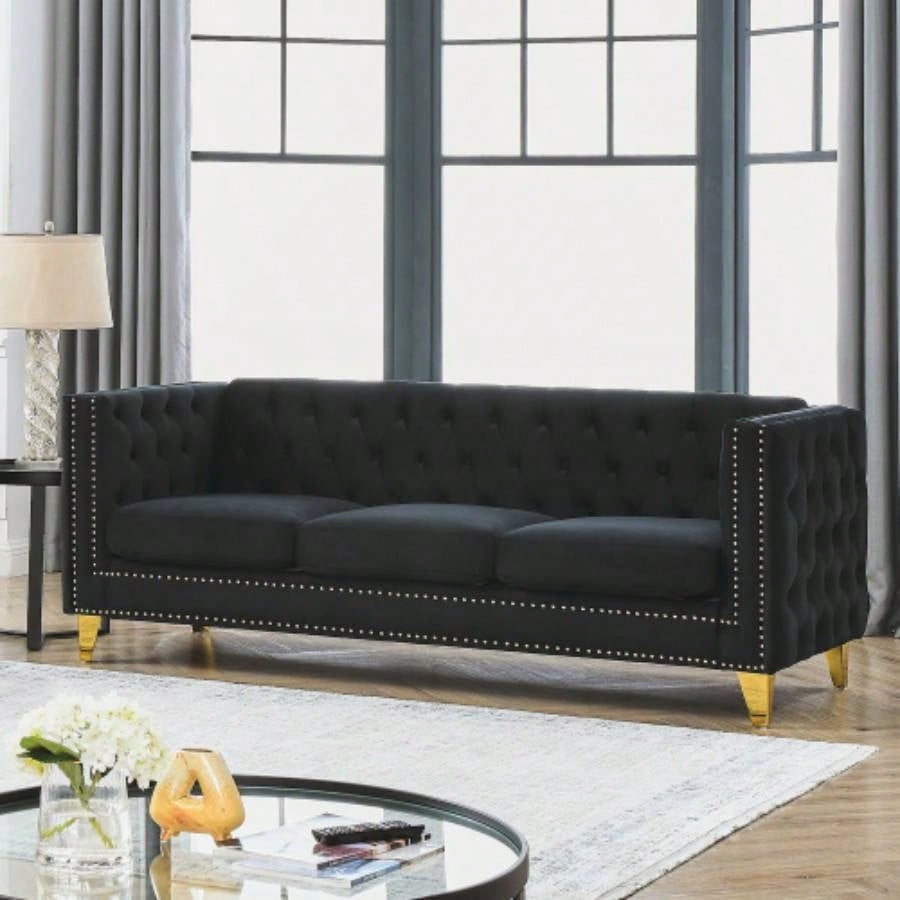 Contact us 3D modeling Velvet Sofa Living Room, Buttons Tufted Square Arm Couch, Modern Couch Upholstered Button and Metal, Sofa Couch Bedroom, Black Velvet, 2PCS