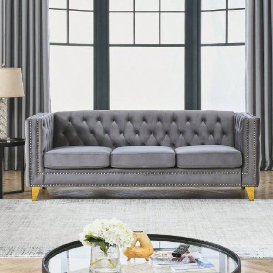 Contact us 3D modeling Velvet Sofa Living Room, Buttons Tufted Square Arm Couch, Modern Couch Upholstered Button and Metal, Sofa Couch Bedroom, Black Velvet, 2PCS