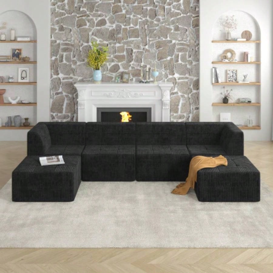L shape Modular Sectional Sofa, Compressed Sectional Sofa Modern Minimalist Style Corduroy Couch, Sleeper Sofa Living Room, Bedroom, Comfy Compressed Sofa Couch Space - Efficient Design - black