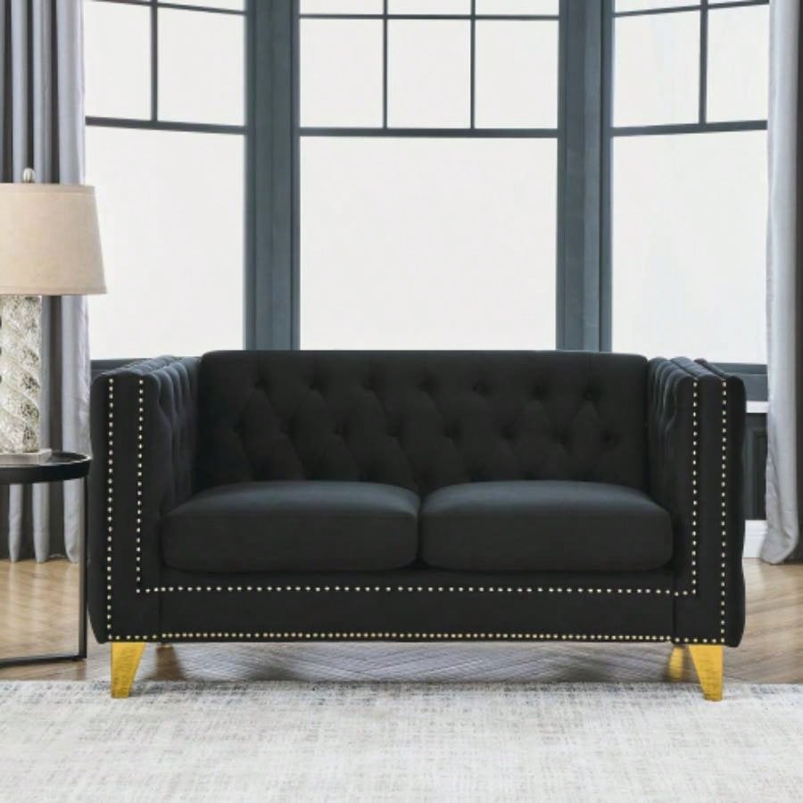 Contact us 3D modeling Velvet Sofa Living Room, Buttons Tufted Square Arm Couch, Modern Couch Upholstered Button and Metal, Sofa Couch Bedroom, Black Velvet, 2PCS