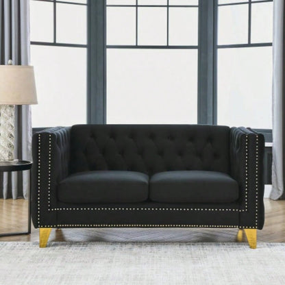 Contact us 3D modeling Velvet Sofa Living Room, Buttons Tufted Square Arm Couch, Modern Couch Upholstered Button and Metal, Sofa Couch Bedroom, Black Velvet, 2PCS