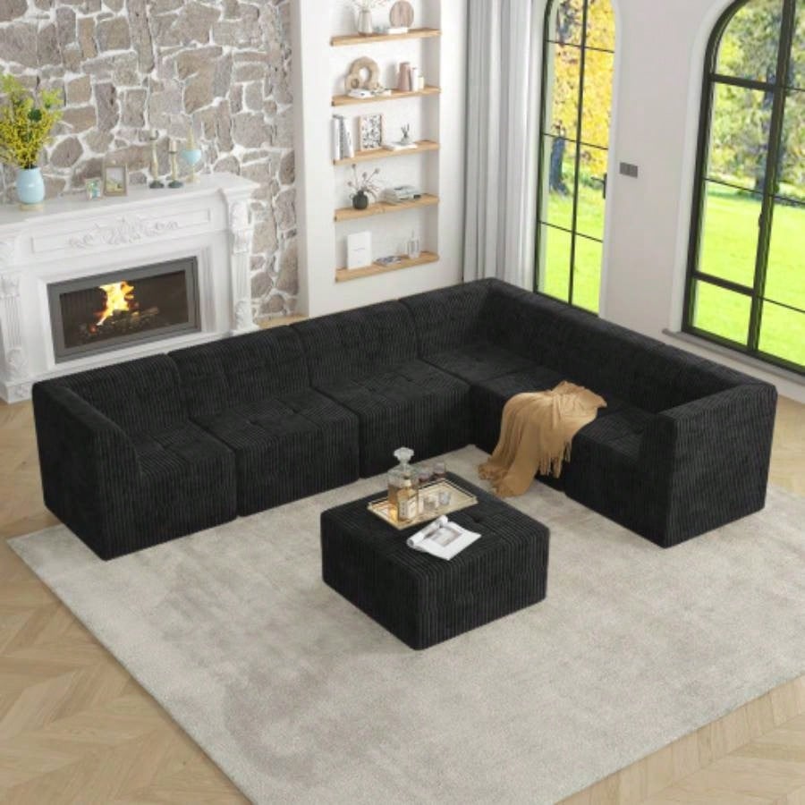 L shape Modular Sectional Sofa, Compressed Sectional Sofa Modern Minimalist Style Corduroy Couch, Sleeper Sofa Living Room, Bedroom, Comfy Compressed Sofa Couch Space - Efficient Design - black
