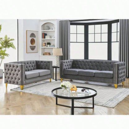 Contact us 3D modeling Velvet Sofa Living Room, Buttons Tufted Square Arm Couch, Modern Couch Upholstered Button and Metal, Sofa Couch Bedroom, Black Velvet, 2PCS