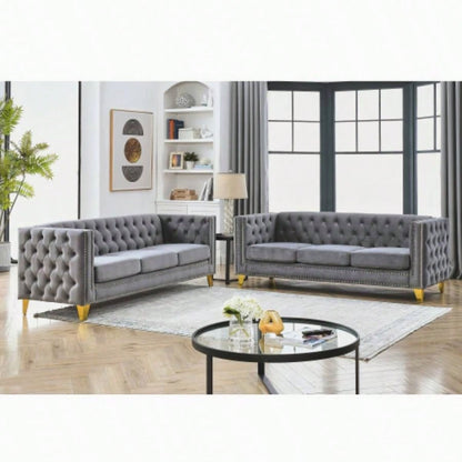 Contact us 3D modeling Velvet Sofa Living Room, Buttons Tufted Square Arm Couch, Modern Couch Upholstered Button and Metal, Sofa Couch Bedroom, Black Velvet, 2PCS