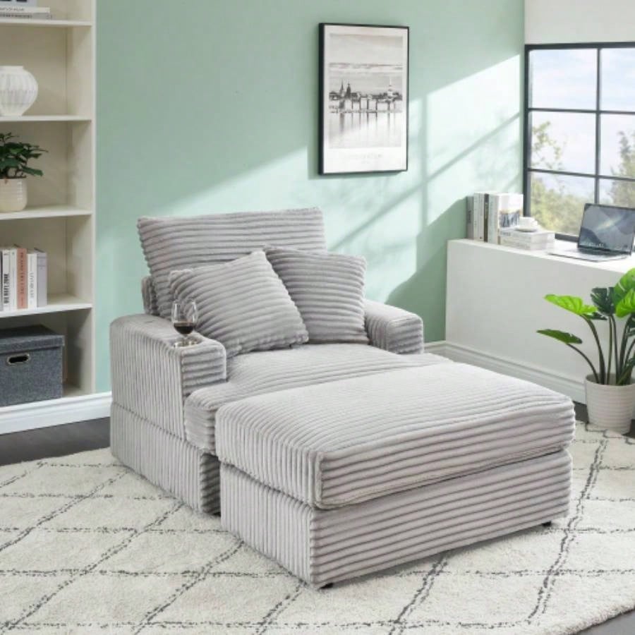 39 - inch Spring upholstered armchair and Ottoman set - comfortable single sofa with cup holder and corduroy fabric, living room or bedroom