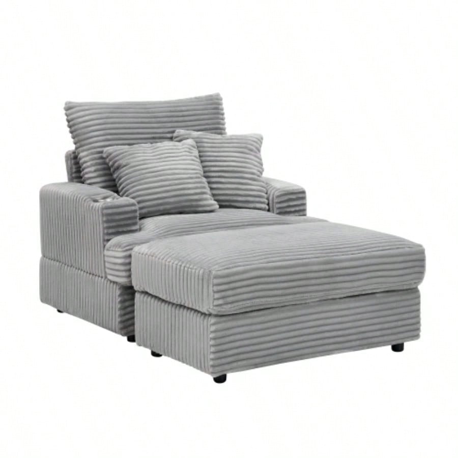 39 - inch Spring upholstered armchair and Ottoman set - comfortable single sofa with cup holder and corduroy fabric, living room or bedroom