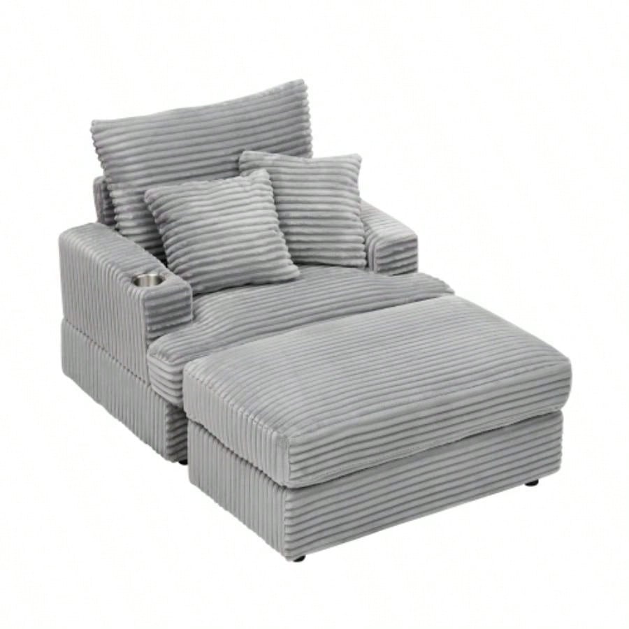39 - inch Spring upholstered armchair and Ottoman set - comfortable single sofa with cup holder and corduroy fabric, living room or bedroom