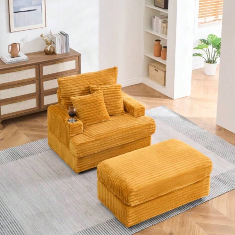 39 - inch Spring upholstered armchair and Ottoman set - comfortable single sofa with cup holder and corduroy fabric, living room or bedroom