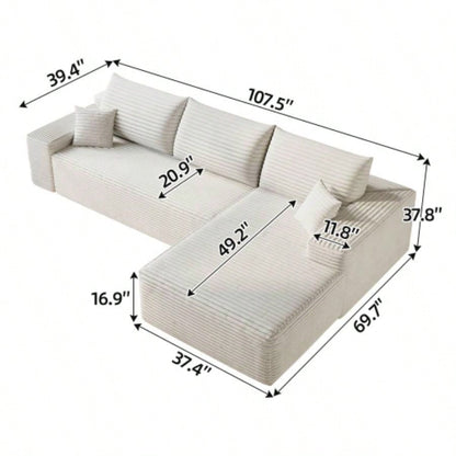 107 Cloud Sectional Couch with L - Shape Chaise, Modern Modular Sofa with Deep, Upholstered Couches Living Room Bedroom, No Assembly Required, Plush Corduroy FabricWhite