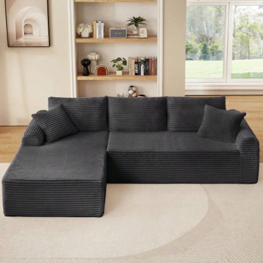 Full - Compression Chaise Lounge Set - Modular Corduroy Sectional with Arched Armrests, Non - Slip Base, Includes 3 Back Cushions 2 Throw Pillows, Right chaise longue sofa
