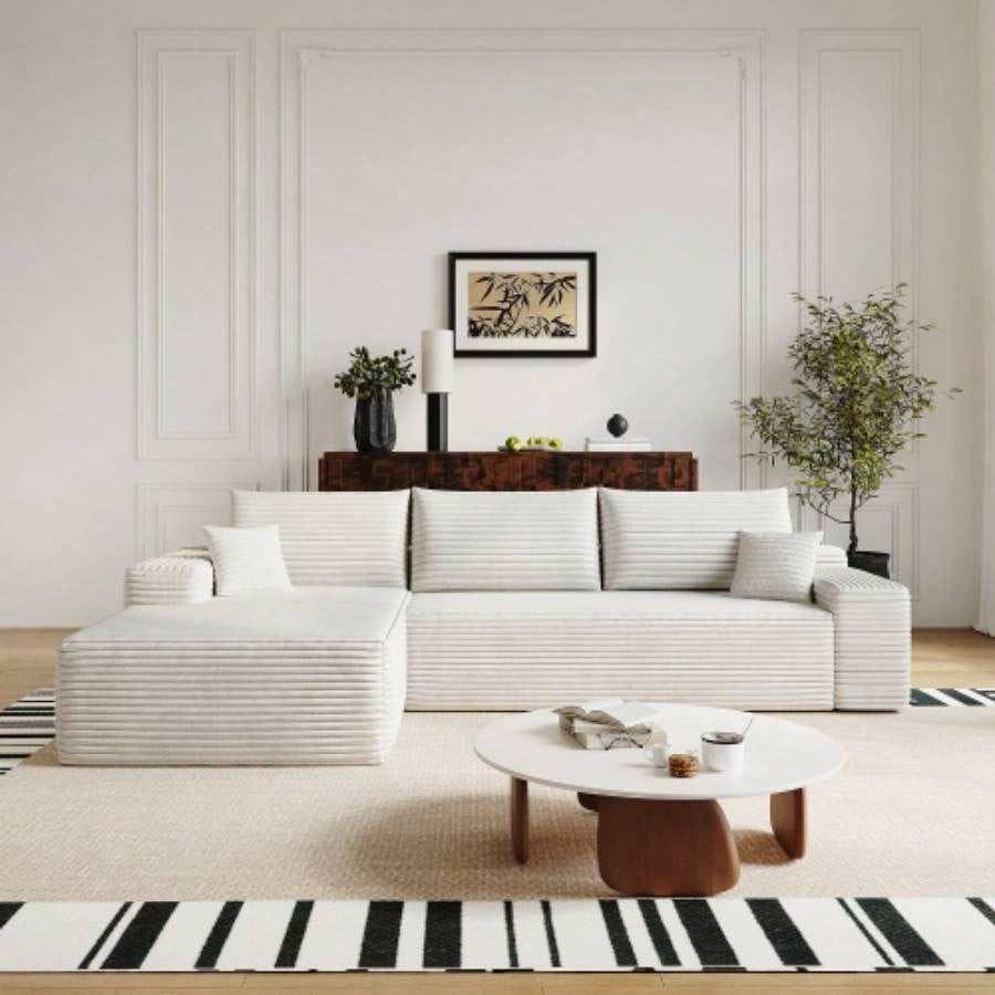 107 Cloud Sectional Couch with L - Shape Chaise, Modern Modular Sofa with Deep, Upholstered Couches Living Room Bedroom, No Assembly Required, Plush Corduroy FabricWhite