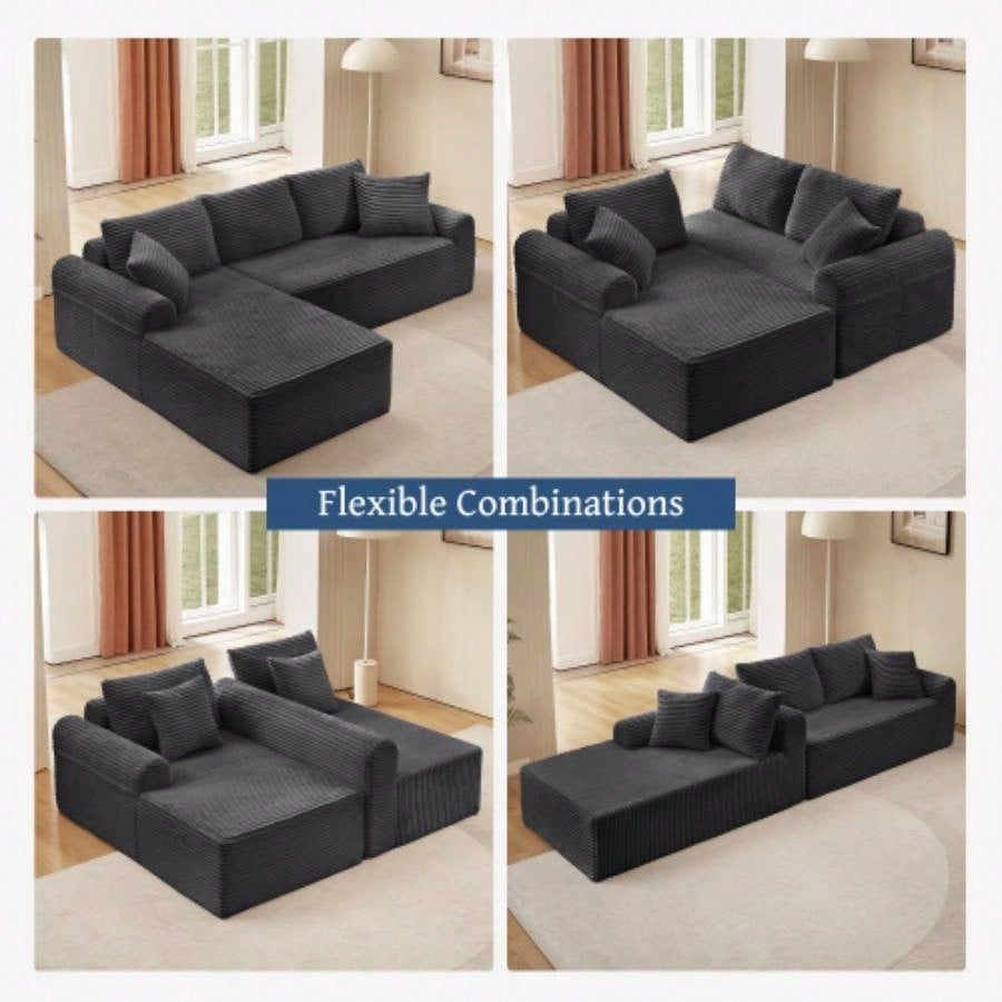 Full - Compression Chaise Lounge Set - Modular Corduroy Sectional with Arched Armrests, Non - Slip Base, Includes 3 Back Cushions 2 Throw Pillows, Right chaise longue sofa