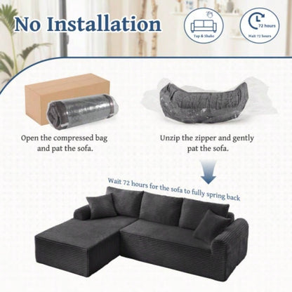 Full - Compression Chaise Lounge Set - Modular Corduroy Sectional with Arched Armrests, Non - Slip Base, Includes 3 Back Cushions 2 Throw Pillows, Right chaise longue sofa