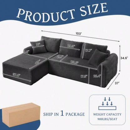 Full - Compression Chaise Lounge Set - Modular Corduroy Sectional with Arched Armrests, Non - Slip Base, Includes 3 Back Cushions 2 Throw Pillows, Right chaise longue sofa