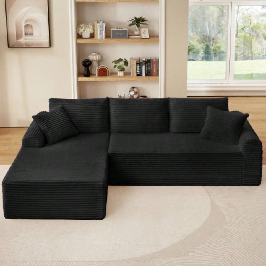 Full - Compression Chaise Lounge Set - Modular Corduroy Sectional with Arched Armrests, Non - Slip Base, Includes 3 Back Cushions 2 Throw Pillows, Right chaise longue sofa