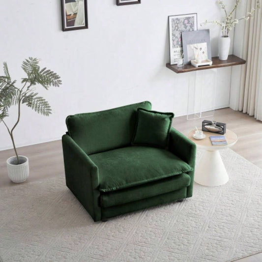 Comfy Deep Single Sofa Upholstered Reading Armchair Living Room Chair Green Chenille Fabric, 1 Toss Pillow