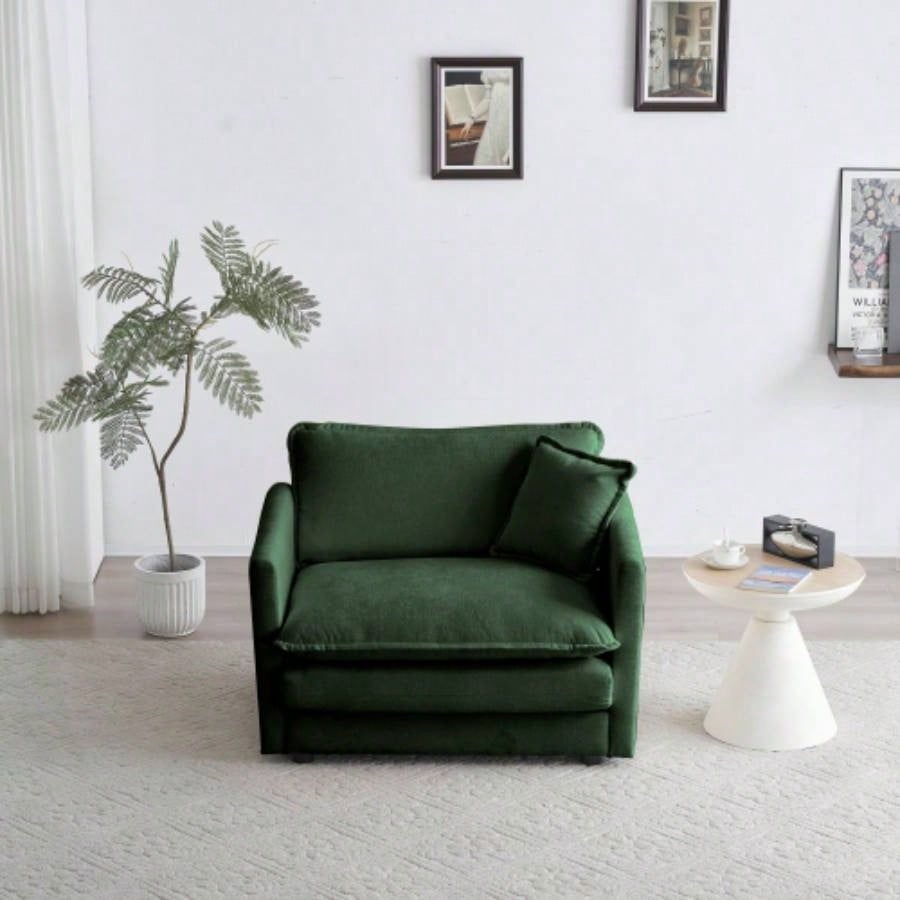 Comfy Deep Single Sofa Upholstered Reading Armchair Living Room Chair Green Chenille Fabric, 1 Toss Pillow