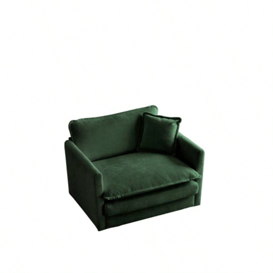 Comfy Deep Single Sofa Upholstered Reading Armchair Living Room Chair Green Chenille Fabric, 1 Toss Pillow