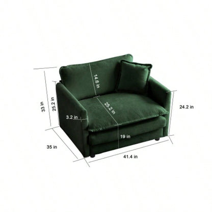 Comfy Deep Single Sofa Upholstered Reading Armchair Living Room Chair Green Chenille Fabric, 1 Toss Pillow