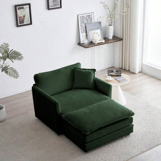 Modern Accent Chair with Ottoman, Living Room Club Chair Chenille Upholstered Armchair, Reading Chair Bedroom, Green Chenille
