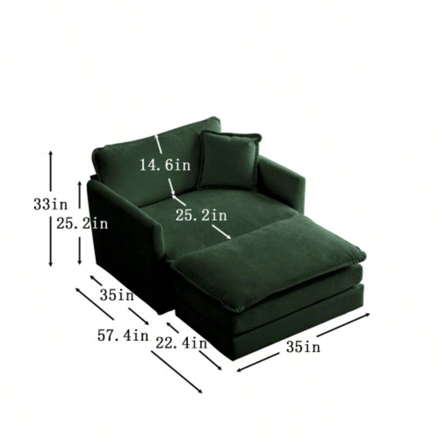 Modern Accent Chair with Ottoman, Living Room Club Chair Chenille Upholstered Armchair, Reading Chair Bedroom, Green Chenille