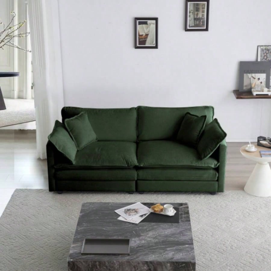 Modern Fabric Loveseat Sofa Couch Living Room, Upholstered Large Size Deep 2 - Sofa with 4 Pillows, Green Chenille