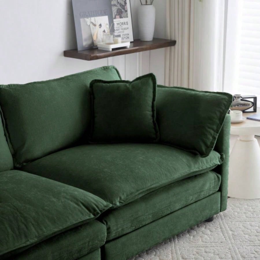 Chenille Two - Seater Sofa with 1 Footrest, 2 Seater L - Shaped Sectional with Ottoman, Loveseat with Ottoman Small Living Space, Green Chenille