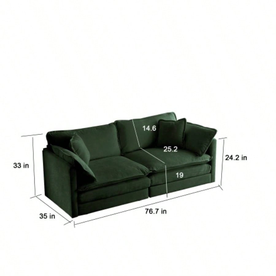 Modern Fabric Loveseat Sofa Couch Living Room, Upholstered Large Size Deep 2 - Sofa with 4 Pillows, Green Chenille