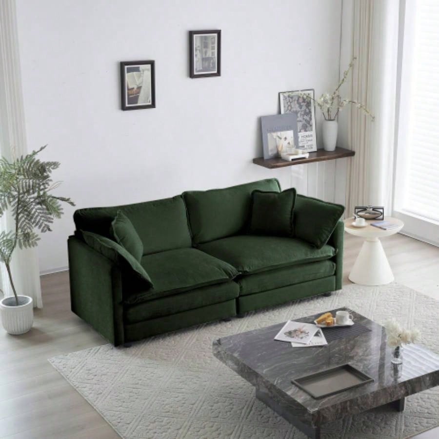 Modern Fabric Loveseat Sofa Couch Living Room, Upholstered Large Size Deep 2 - Sofa with 4 Pillows, Green Chenille