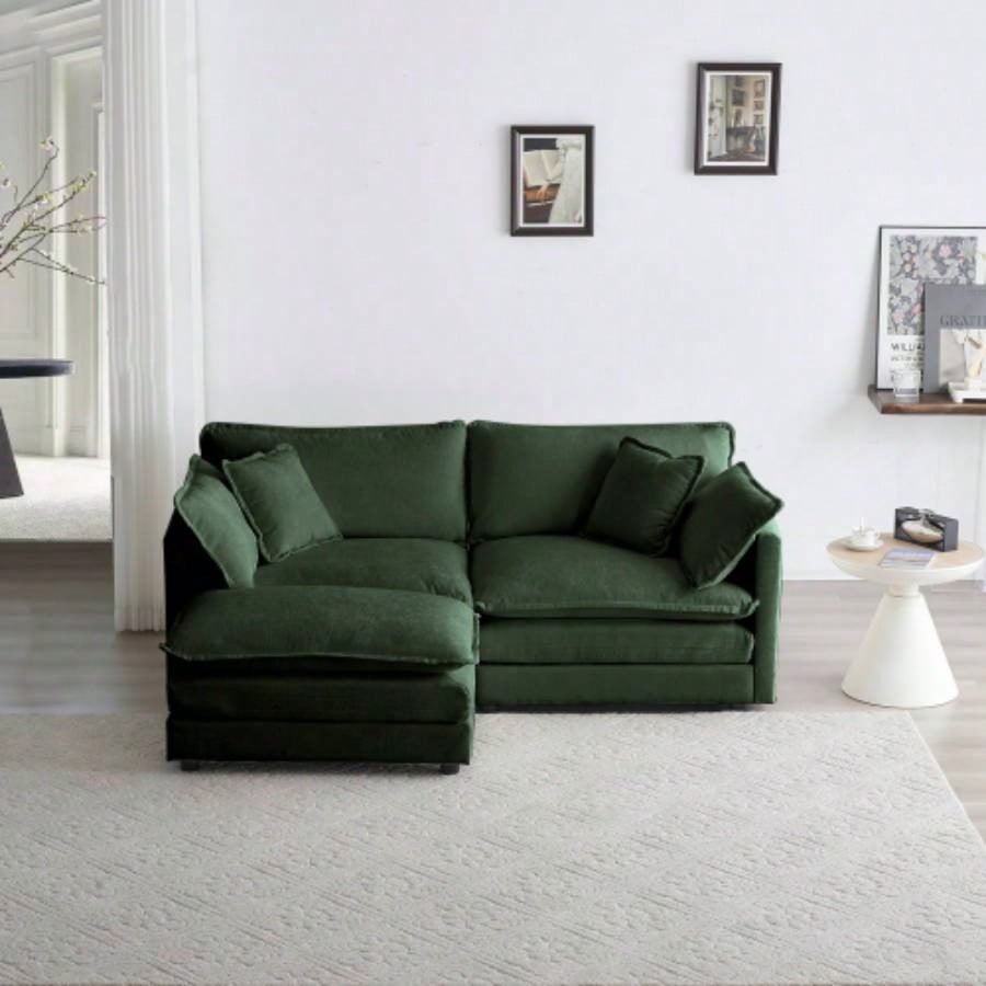 Chenille Two - Seater Sofa with 1 Footrest, 2 Seater L - Shaped Sectional with Ottoman, Loveseat with Ottoman Small Living Space, Green Chenille