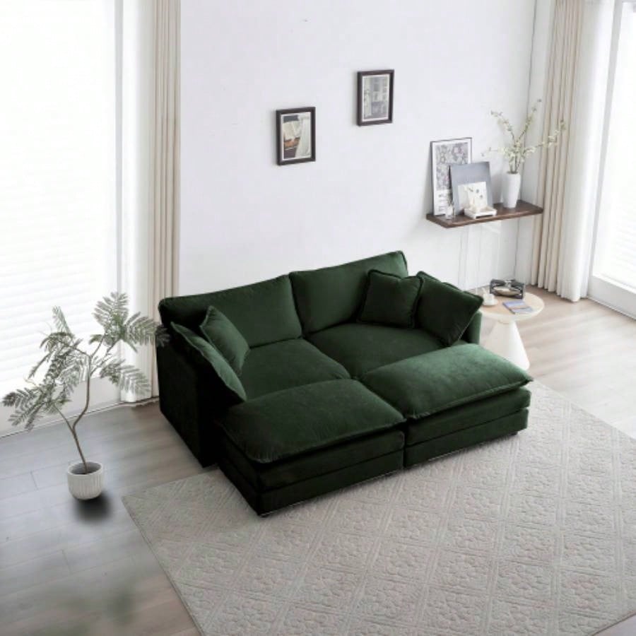 4 - Piece Upholstered Sectional Sofa, 1 - Piece of 2 Seater Sofa and 2 - Piece of Ottomans, 2 Seater Loveseat Lounge with Ottomans, Green Chenille