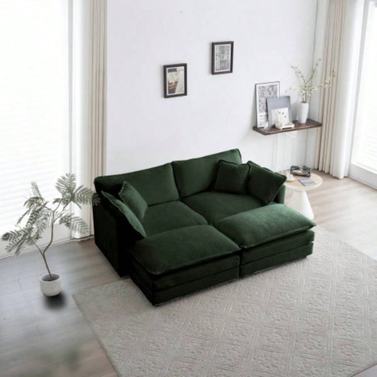 4 - Piece Upholstered Sectional Sofa, 1 - Piece of 2 Seater Sofa and 2 - Piece of Ottomans, 2 Seater Loveseat Lounge with Ottomans, Green Chenille